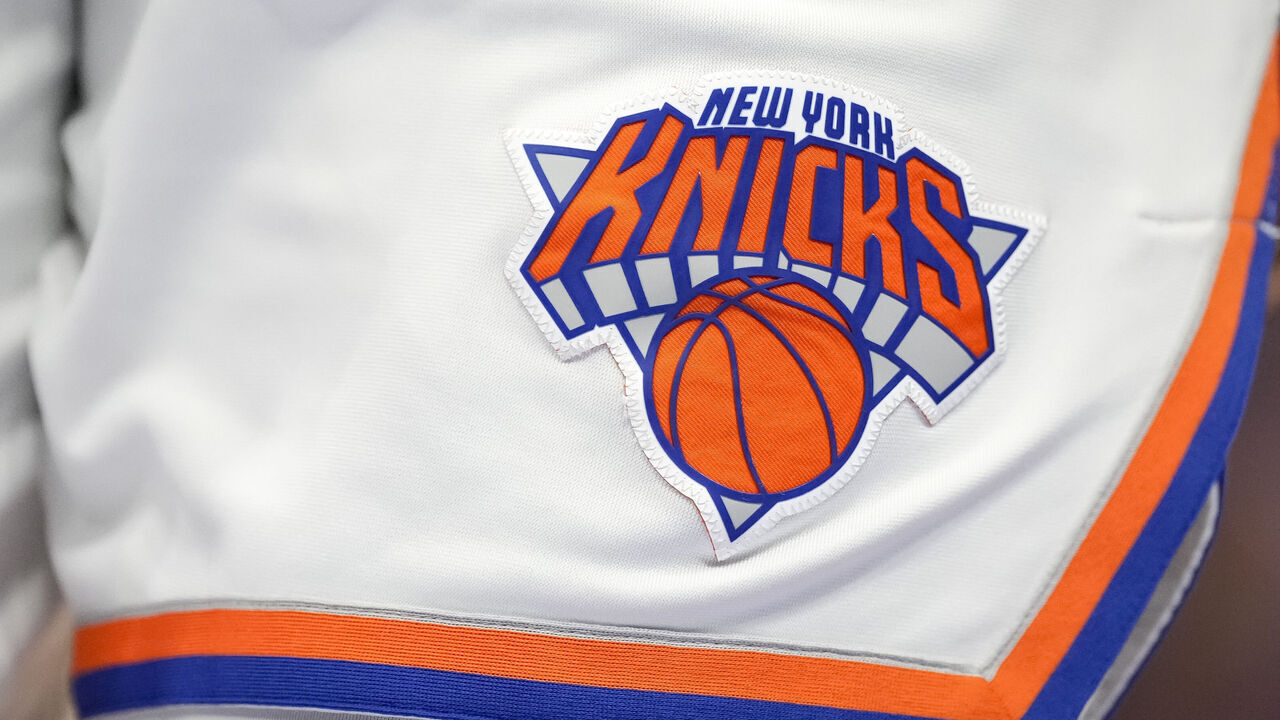DETROIT, MICHIGAN - MARCH 27: A detail is pictured of the New York Knicks uniform and New York Knicks logo during the fourth quarter against the Detroit Pistons at Little Caesars Arena on March 27, 2022 in Detroit, Michigan.