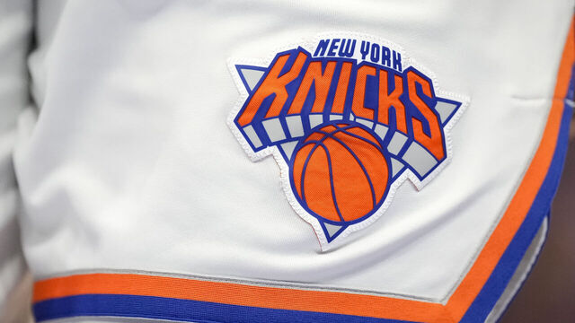 DETROIT, MICHIGAN - MARCH 27: A detail is pictured of the New York Knicks uniform and New York Knicks logo during the fourth quarter against the Detroit Pistons at Little Caesars Arena on March 27, 2022 in Detroit, Michigan.