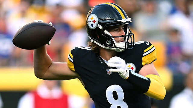 PITTSBURGH, PENNSYLVANIA - AUGUST 19: Kenny Pickett #8 of the Pittsburgh Steelers looks to pass during the first quarter against the Buffalo Bills of a preseason game at Acrisure Stadium on August 19, 2023 in Pittsburgh, Pennsylvania.