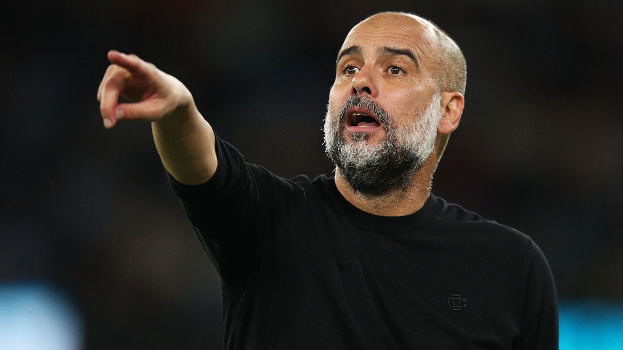 MANCHESTER, ENGLAND - AUGUST 19: Pep Guardiola, Manager of Manchester City, gestures during the Premier League match between Manchester City and Newcastle United at Etihad Stadium on August 19, 2023 in Manchester, England.