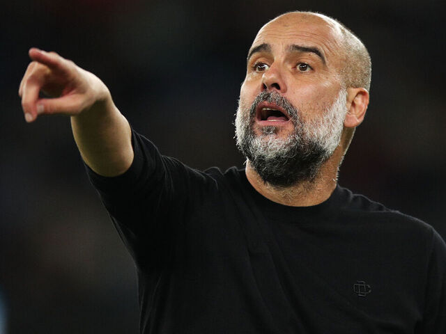 MANCHESTER, ENGLAND - AUGUST 19: Pep Guardiola, Manager of Manchester City, gestures during the Premier League match between Manchester City and Newcastle United at Etihad Stadium on August 19, 2023 in Manchester, England.