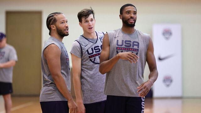 MANILA, PHILIPPINES - AUGUST 22: Jalen Brunson, Austin Reaves and Mikal Bridges of the USA Men's Senior National Team during shoot around on August 22, 2023 in Manila, Philippines. NOTE TO USER: User expressly acknowledges and agrees that, by downloading and/or using this photograph, user is consenting to the terms and conditions of the Getty Images License Agreement. Mandatory Copyright Notice: Copyright 2023 NBAE