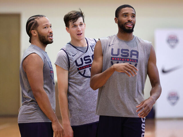 MANILA, PHILIPPINES - AUGUST 22: Jalen Brunson, Austin Reaves and Mikal Bridges of the USA Men's Senior National Team during shoot around on August 22, 2023 in Manila, Philippines. NOTE TO USER: User expressly acknowledges and agrees that, by downloading and/or using this photograph, user is consenting to the terms and conditions of the Getty Images License Agreement. Mandatory Copyright Notice: Copyright 2023 NBAE