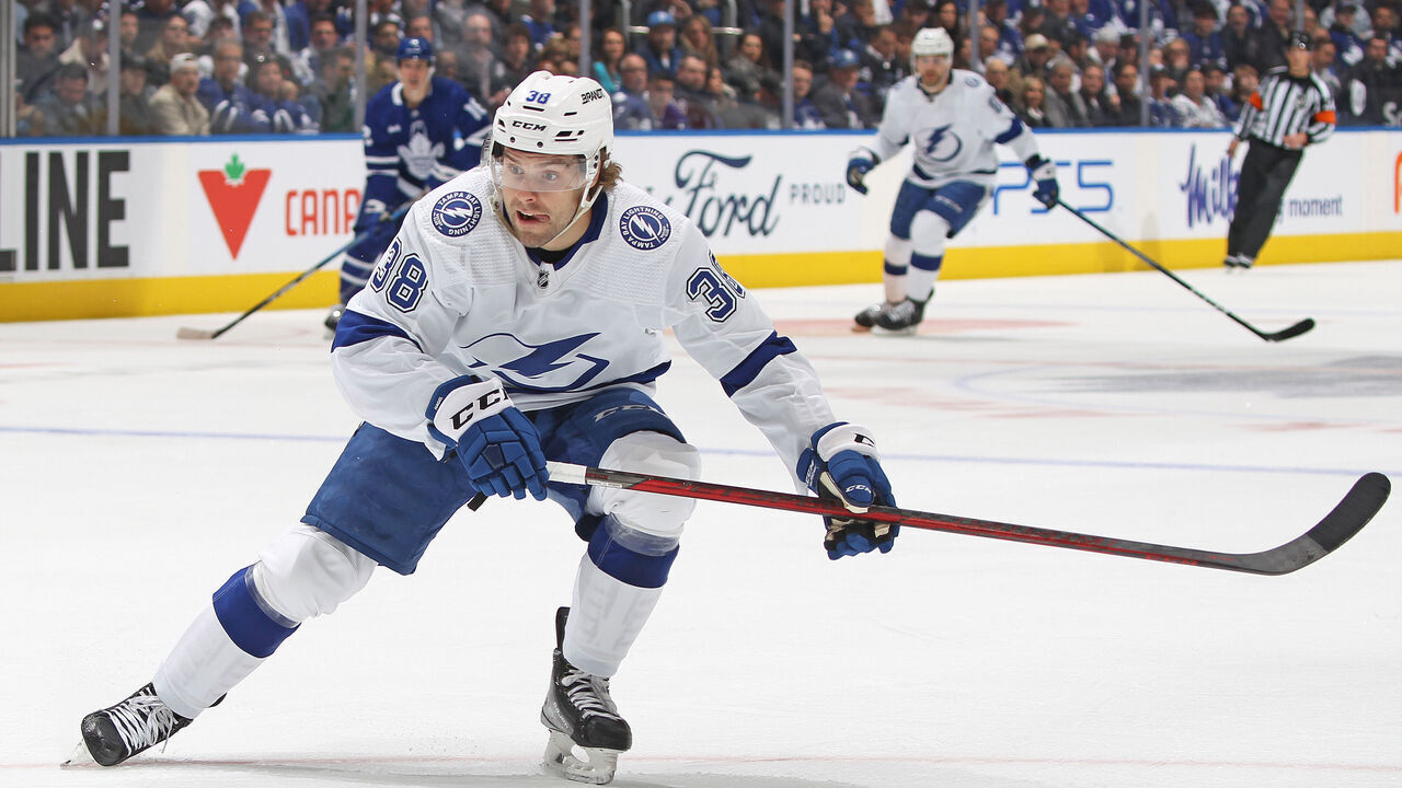 TORONTO, CANADA - APRIL 18: Brandon Hagel #38 of the Tampa Bay Lightning skates against the Toronto Maple Leafs during Game One of the First Round of the 2023 Stanley Cup Playoffs at Scotiabank Arena on April 18, 2023 in Toronto, Ontario, Canada. The Lightning defeated the Maple Leafs 7-3.