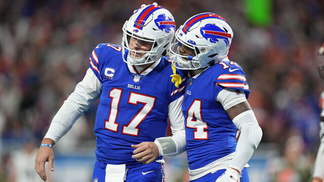 DETROIT, MICHIGAN - NOVEMBER 20: Josh Allen #17 of the Buffalo Bills and Stefon Diggs #14 of the Buffalo Bills celebrate after a touchdown during the second quarter against the Cleveland Browns at Ford Field on November 20, 2022 in Detroit, Michigan.