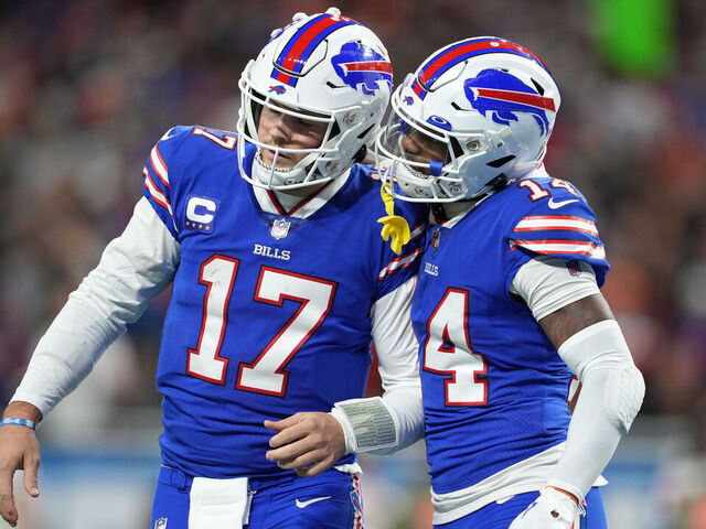 DETROIT, MICHIGAN - NOVEMBER 20: Josh Allen #17 of the Buffalo Bills and Stefon Diggs #14 of the Buffalo Bills celebrate after a touchdown during the second quarter against the Cleveland Browns at Ford Field on November 20, 2022 in Detroit, Michigan.
