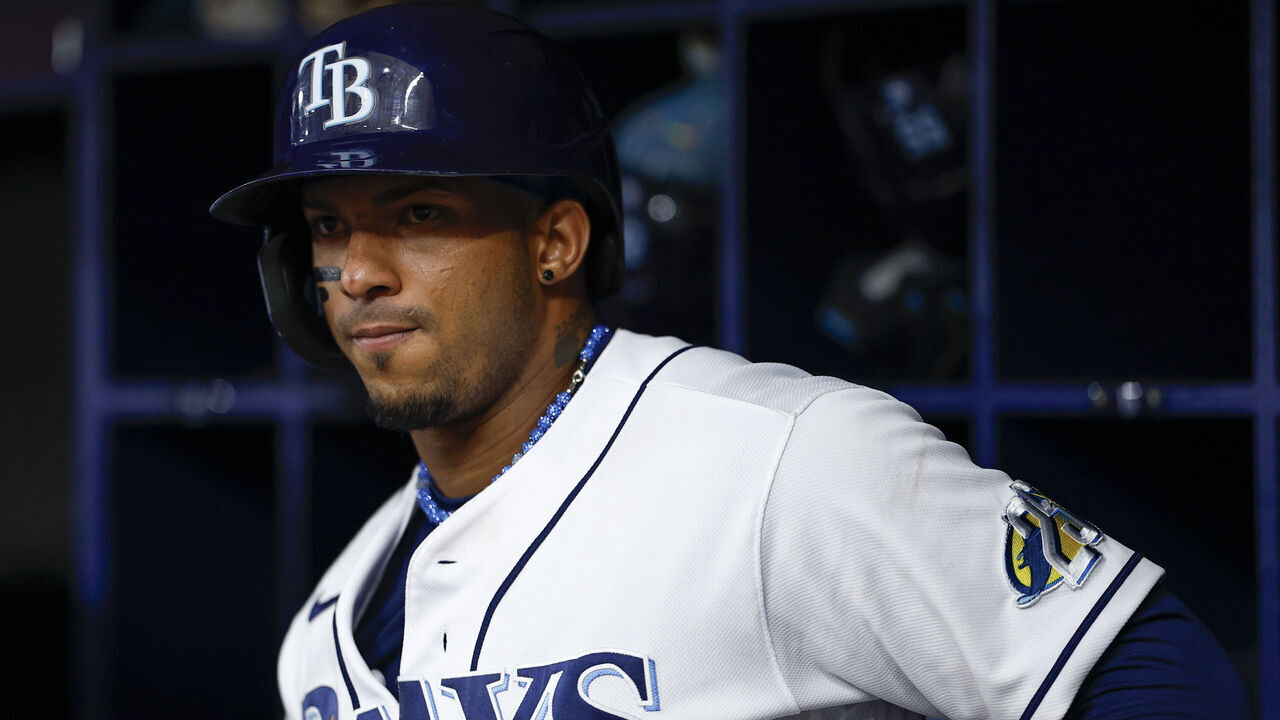 ST PETERSBURG, FLORIDA - AUGUST 12: Wander Franco #5 of the Tampa Bay Rays looks on during the ninth inning against the Cleveland Guardians at Tropicana Field on August 12, 2023 in St Petersburg, Florida.
