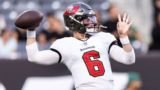 EAST RUTHERFORD, NEW JERSEY - AUGUST 19: Baker Mayfield #6 of the Tampa Bay Buccaneers warms up before the preseason game against the New York Jets at MetLife Stadium on August 19, 2023 in East Rutherford, New Jersey.