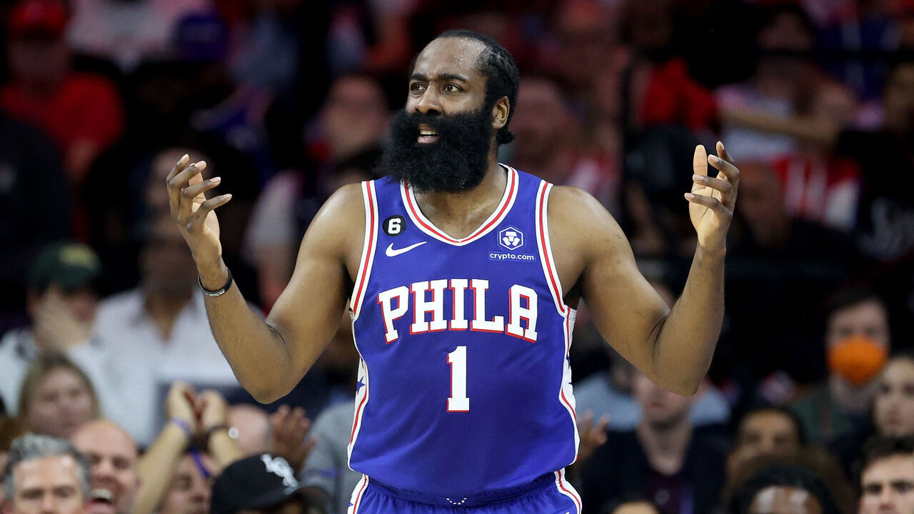 PHILADELPHIA, PENNSYLVANIA - MAY 11: James Harden #1 of the Philadelphia 76ers reacts to a play against the Boston Celtics during the second quarter in game six of the Eastern Conference Semifinals in the 2023 NBA Playoffs at Wells Fargo Center on May 11, 2023 in Philadelphia, Pennsylvania.