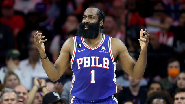 PHILADELPHIA, PENNSYLVANIA - MAY 11: James Harden #1 of the Philadelphia 76ers reacts to a play against the Boston Celtics during the second quarter in game six of the Eastern Conference Semifinals in the 2023 NBA Playoffs at Wells Fargo Center on May 11, 2023 in Philadelphia, Pennsylvania.