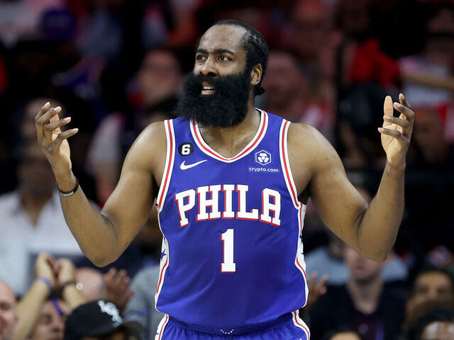 PHILADELPHIA, PENNSYLVANIA - MAY 11: James Harden #1 of the Philadelphia 76ers reacts to a play against the Boston Celtics during the second quarter in game six of the Eastern Conference Semifinals in the 2023 NBA Playoffs at Wells Fargo Center on May 11, 2023 in Philadelphia, Pennsylvania.