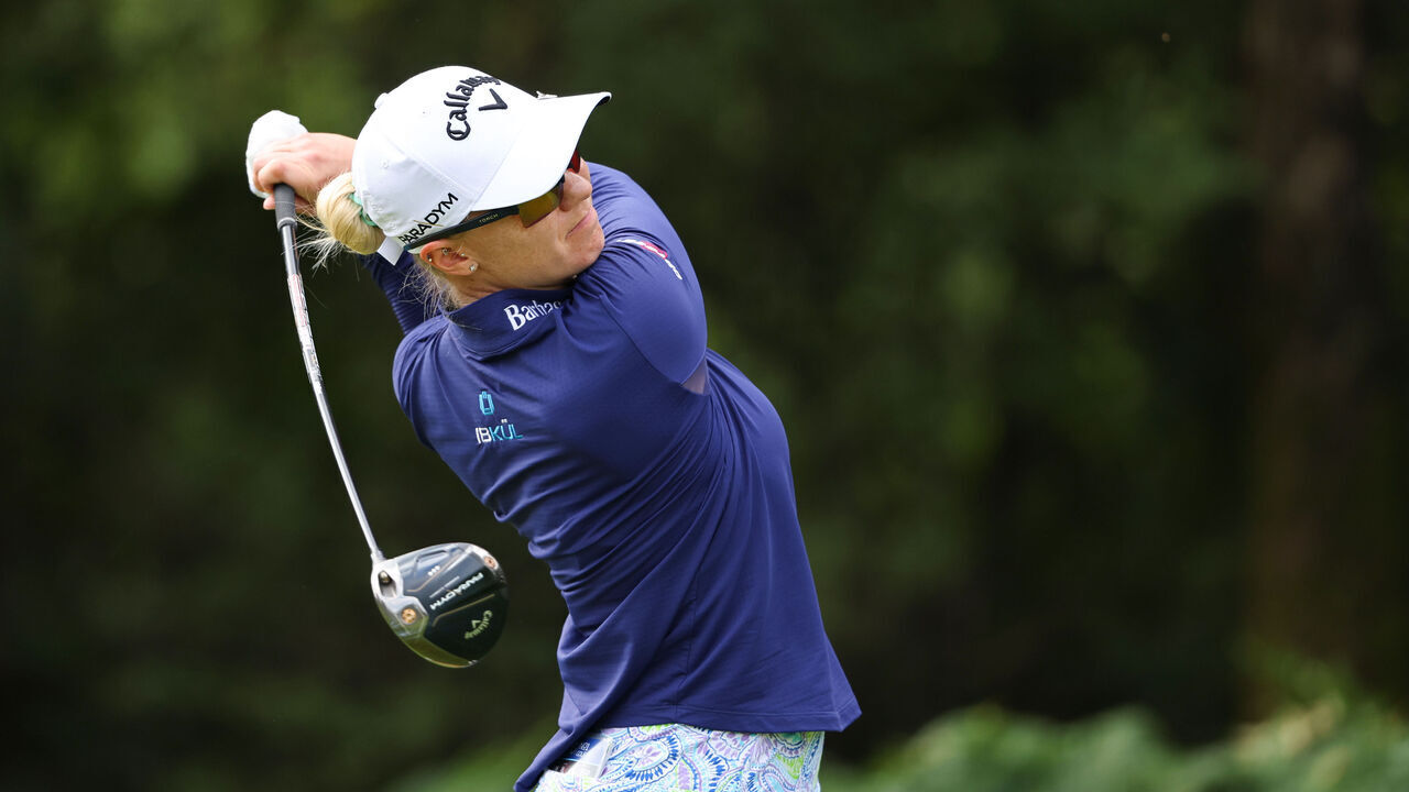 TADWORTH, ENGLAND - AUGUST 11: Madelene Sagstrom of Sweden plays her tee shot on the 8th hole on Day Two of the AIG Women's Open at Walton Heath Golf Club on August 11, 2023 in Tadworth, England.