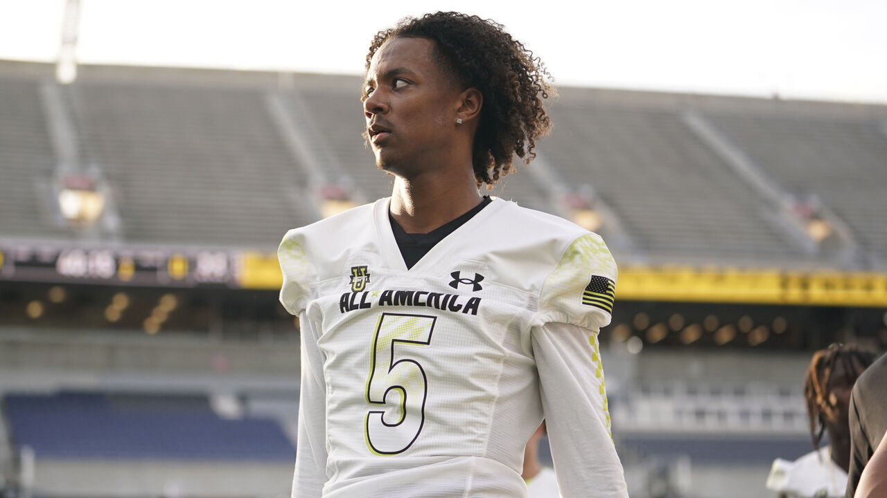 ORLANDO, FL - JANUARY 03: Team Speed quarterback Jaden Rashada (5) before the Under Armour Next All-America Football Gameon January 03, 2023, at Camping World Stadium in Orlando, FL.