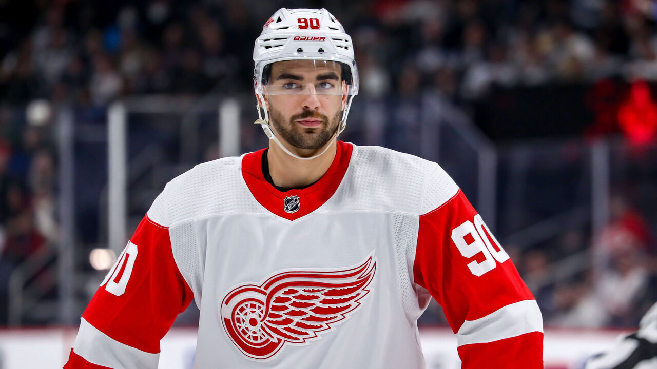 WINNIPEG, CANADA - MARCH 31: Joe Veleno #90 of the Detroit Red Wings looks on during a third period stoppage in play against the Winnipeg Jets at the Canada Life Centre on March 31, 2023 in Winnipeg, Manitoba, Canada. The Jets defeated the Wings 6-2.