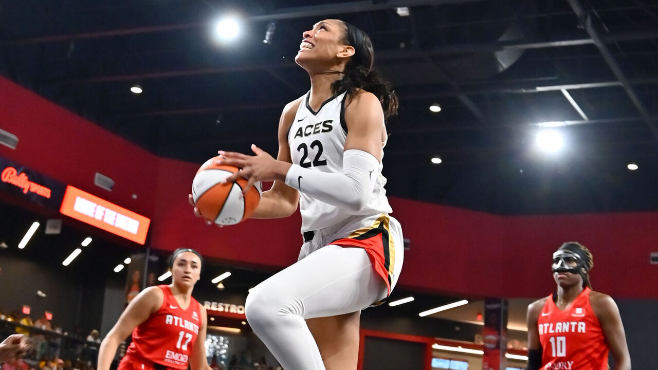 COLLEGE PARK, GA - AUGUST 22: A'ja Wilson #22 of the Las Vegas Aces drives to the basket during the game against the Atlanta Dream on August 22, 2023 at Gateway Center Arena in College Park, Georgia. Mandatory Copyright Notice: Copyright 2023 NBAE
