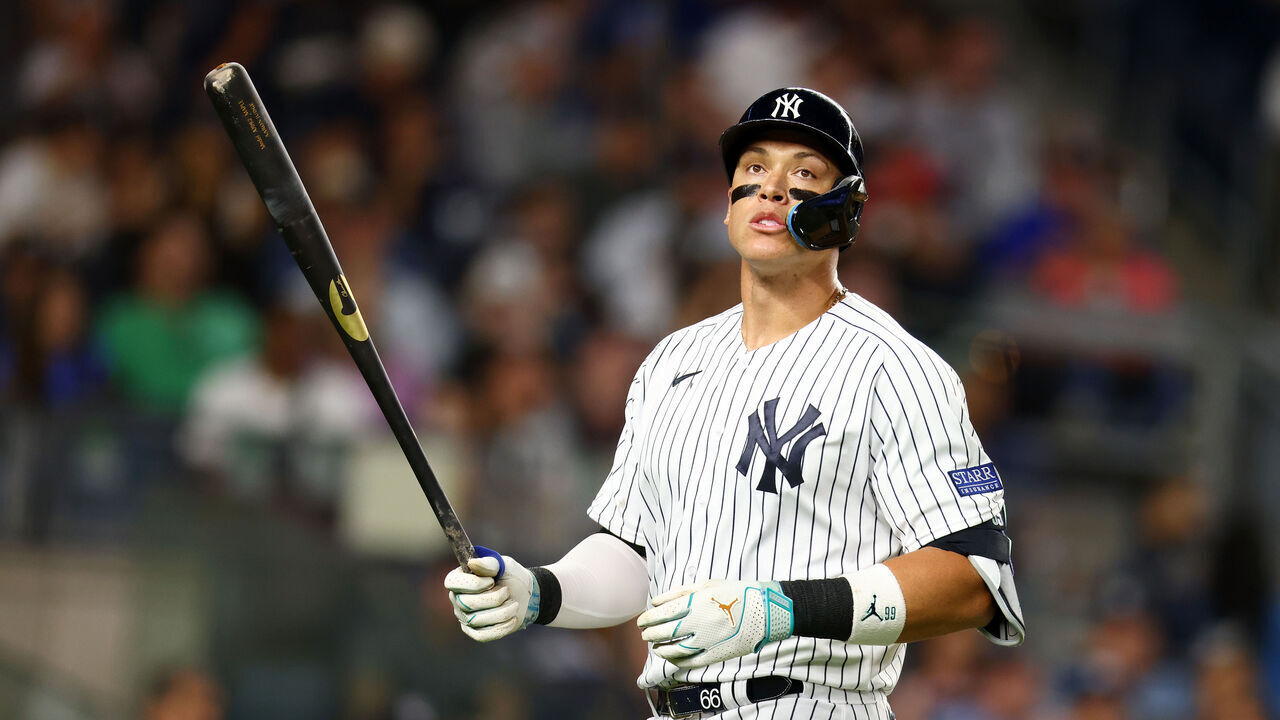 NEW YORK, NEW YORK - AUGUST 22: Aaron Judge #99 of the New York Yankees recats after striking out swinging in the fifth inning against the Washington Nationals at Yankee Stadium on August 22, 2023 in the Bronx borough of New York City.