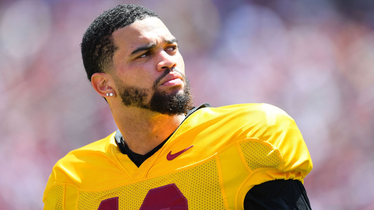 LOS ANGELES, CA - APRIL 15: USC Trojans quarterback Caleb Williams (13) looks on during USC Trojans Spring Game on April 15, 2023, at Los Angeles Memorial Coliseum in Los Angeles, CA.