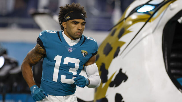 JACKSONVILLE, FL - JANUARY 14: Jacksonville Jaguars wide receiver Christian Kirk (13) during the game between the Los Angeles Chargers and the Jacksonville Jaguars on January 14, 2023 at TIAA Bank Field in Jacksonville, Fl.