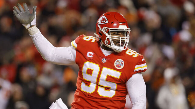 KANSAS CITY, MISSOURI - JANUARY 29: Chris Jones #95 of the Kansas City Chiefs reacts after sacking Joe Burrow #9 of the Cincinnati Bengals during the fourth quarter in the AFC Championship Game at GEHA Field at Arrowhead Stadium on January 29, 2023 in Kansas City, Missouri.