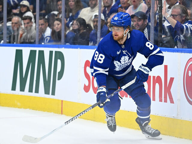 TORONTO, ON - MAY 12: Toronto Maple Leafs right wing William Nylander (88) collects the puck from behind the Toronto Maple Leafs goal during the second period of game 5 in the Eastern Conference Second Round between the Florida Panthers and the Toronto Maple Leafs on May 12, 2023, at Scotiabank Arena in Toronto, ON, Canada.