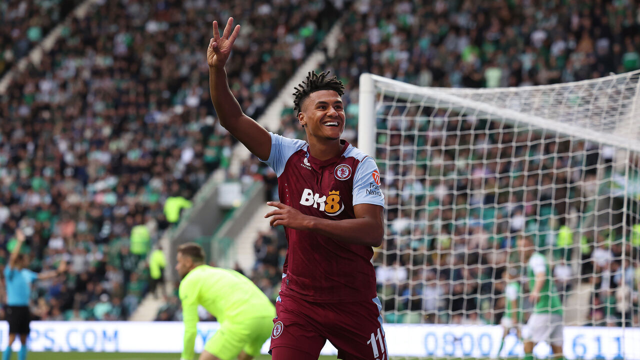 EDINBURGH, SCOTLAND - AUGUST 23: Ollie Watkins of Aston Villa celebrates after he scores his third goal during the UEFA Conference League Qualifying Play-Offs First Leg between Hibernian v Aston Villa at Easter Road on August 23, 2023 in Edinburgh, Scotland.