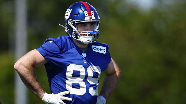 EAST RUTHERFORD, NEW JERSEY - MAY 25: Tight end Tommy Sweeney #89 of the New York Giants looks on during OTAs at Quest Diagnostics Center on May 25, 2023 in East Rutherford, New Jersey.