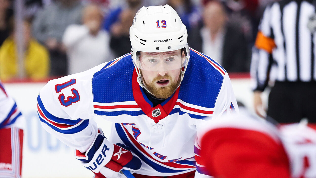 NEWARK, NJ - MAY 01: New York Rangers left wing Alexis Lafrenière (13) looks on during Game 7 of an Eastern Conference First Round playoff game between the New York Rangers and the New Jersey Devils on May 1, 2023, at Prudential Center in Newark, New Jersey.