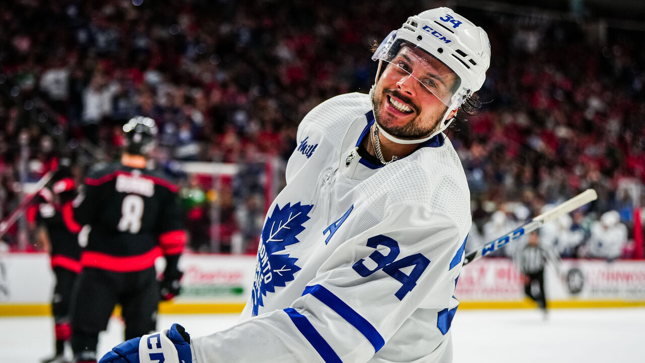RALEIGH, NORTH CAROLINA - MARCH 25: Auston Matthews #34 of the Toronto Maple Leafs celebrates his second period goal against the Carolina Hurricanes at PNC Arena on March 25, 2023 in Raleigh, North Carolina.