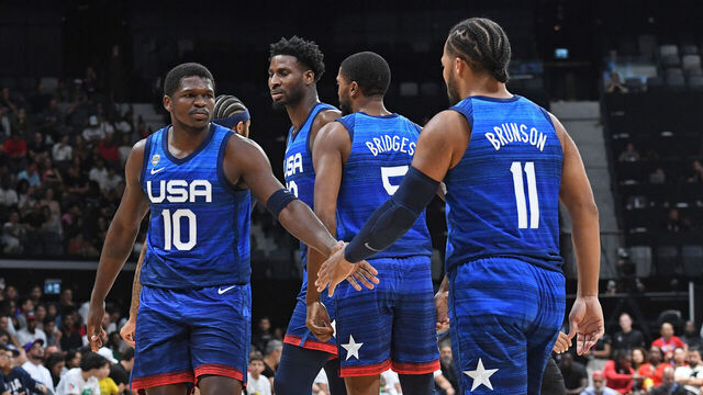 ABU DHABI, UAE - AUGUST 18: The USA Senior Men's National Team shake hands during the game against Greece as part of 2023 FIBA World Cup at Etihad Arena on August 18, 2023 in Abu Dhabi, The United Arab Emirates. NOTE TO USER: User expressly acknowledges and agrees that, by downloading and/or using this Photograph, user is consenting to the terms and conditions of the Getty Images License Agreement. Mandatory Copyright Notice: Copyright 2023 NBAE