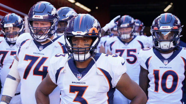 SANTA CLARA, CALIFORNIA - AUGUST 19: Russell Wilson #3 of the Denver Broncos waits to lead teammates onto the field for a preseason game against the San Francisco 49ers at Levi's Stadium on August 19, 2023 in Santa Clara, California.