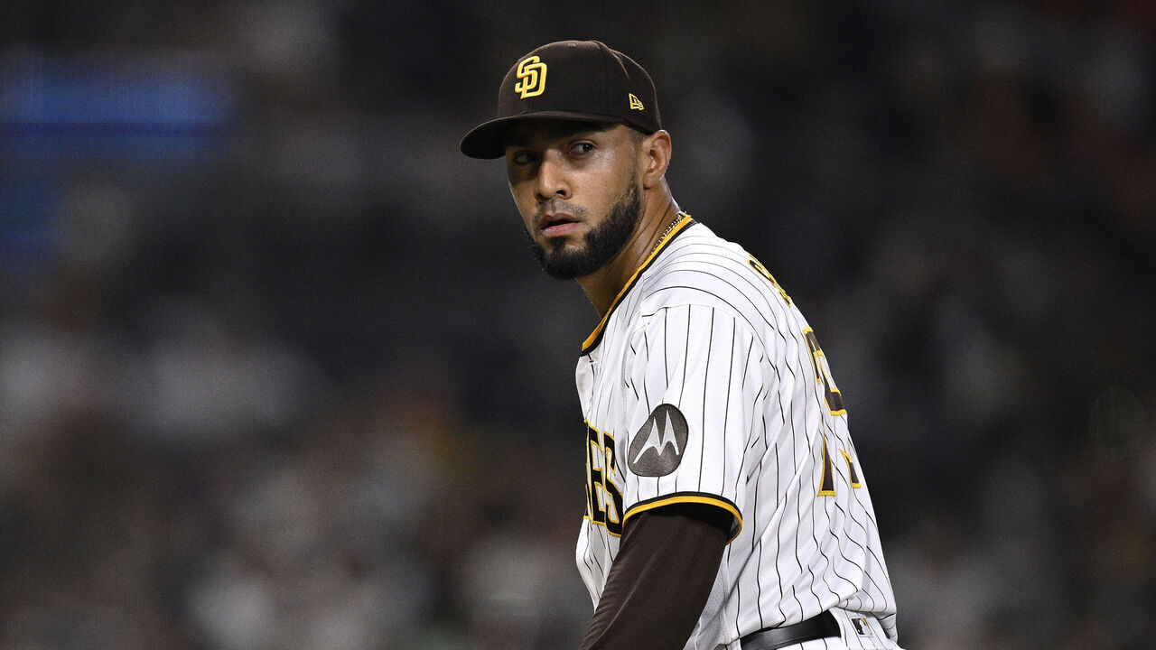 SAN DIEGO, CALIFORNIA - AUGUST 16: Robert Suarez #75 of the San Diego Padres prepares to pitch against the Baltimore Orioles during the eighth inning at PETCO Park on August 16, 2023 in San Diego, California.