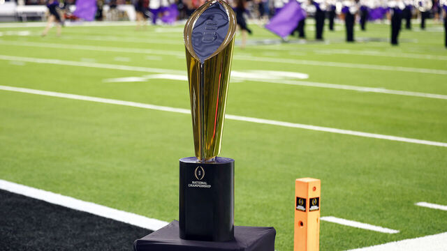 INGLEWOOD, CALIFORNIA - JANUARY 09: The College Football Playoff National Championship trophy is displayed on the field before the College Football Playoff National Championship game between the Georgia Bulldogs and the TCU Horned Frogs at SoFi Stadium on January 09, 2023 in Inglewood, California.