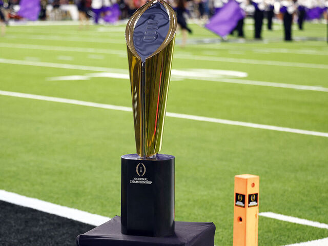 INGLEWOOD, CALIFORNIA - JANUARY 09: The College Football Playoff National Championship trophy is displayed on the field before the College Football Playoff National Championship game between the Georgia Bulldogs and the TCU Horned Frogs at SoFi Stadium on January 09, 2023 in Inglewood, California.