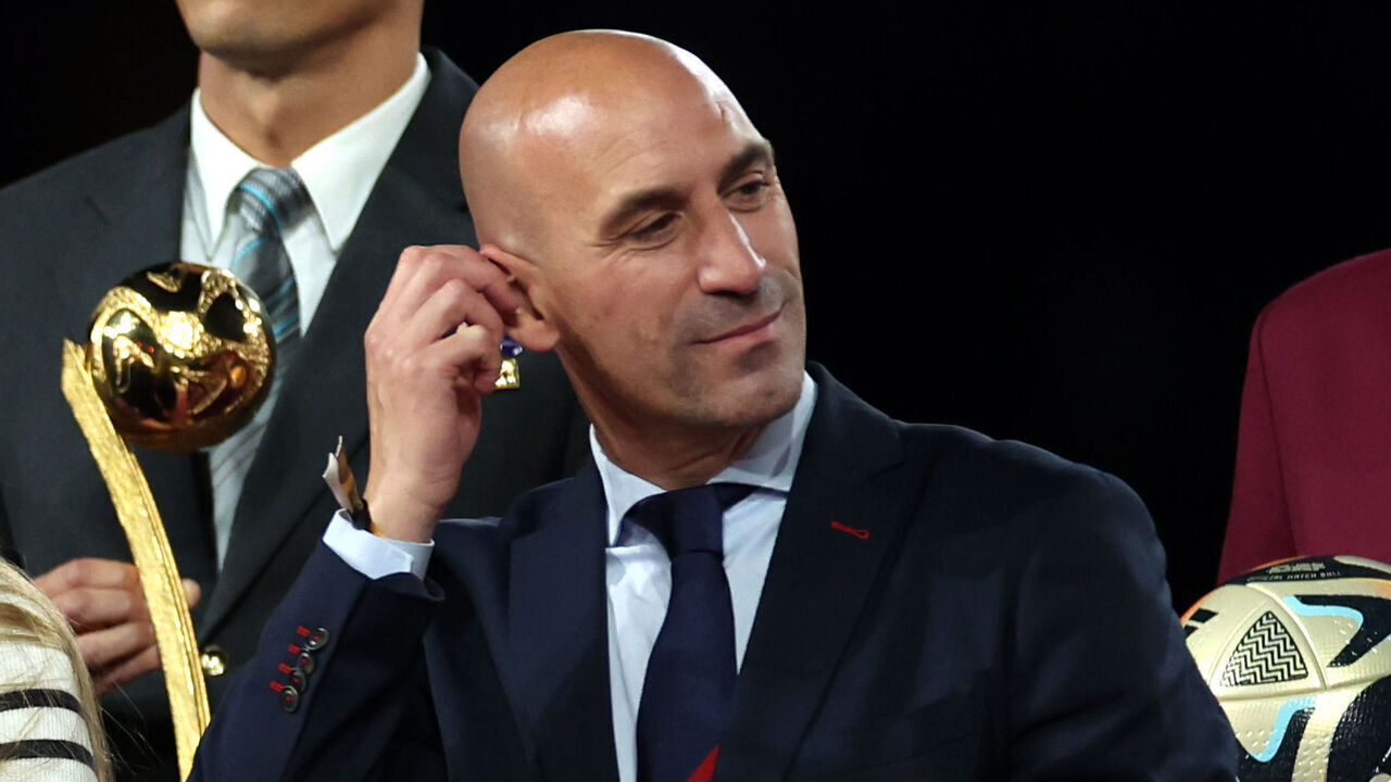 Spanish FA president Luis Rubiales on the presentation stage alongside Infanta Sofia of Spain following the FIFA Women's World Cup final match at Stadium Australia, Sydney. Picture date: Sunday August 20, 2023.