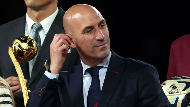 Spanish FA president Luis Rubiales on the presentation stage alongside Infanta Sofia of Spain following the FIFA Women's World Cup final match at Stadium Australia, Sydney. Picture date: Sunday August 20, 2023.