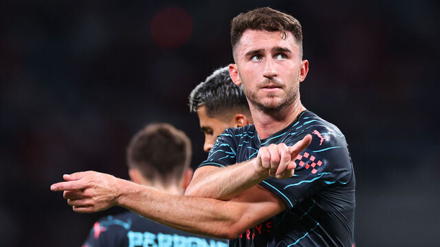 TOKYO, JAPAN - JULY 26: Aymeric Laporte of Manchester City celebrates after scoring a goal to make it 2-1 during the preseason friendly match between Manchester City and Bayern Muenchen at National Stadium on July 26, 2023 in Tokyo, Japan.