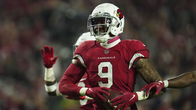 GLENDALE, AZ - DECEMBER 12: Isaiah Simmons #9 of the Arizona Cardinals celebrates the turnover against the New England Patriots at State Farm Stadium on December 12, 2022 in Glendale, Arizona.