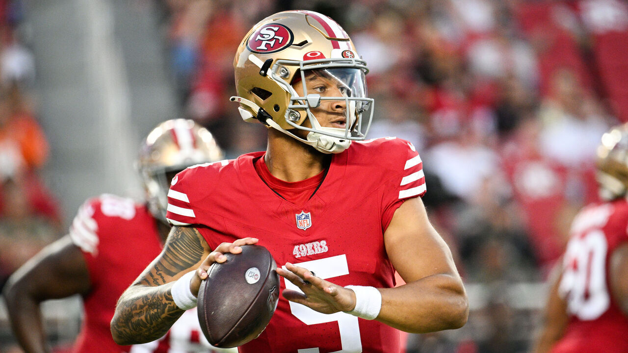 SANTA CLARA, CALIFORNIA - AUGUST 19: Trey Lance #5 of the San Francisco 49ers looks to pass during the second half of a preseason game against the Denver Broncos at Levi's Stadium on August 19, 2023 in Santa Clara, California.