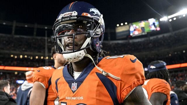 DENVER, CO - JANUARY 8: Jerry Jeudy (10) of the Denver Broncos stands on the field after the fourth quarter of the Broncos 31-28 win over the Los Angeles Chargers at Empower Field at Mile High on Sunday, January 8, 2023.
