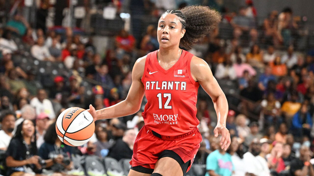 ATLANTA, GA - AUGUST 6: Nia Coffey #12 of the Atlanta Dream goes to the basket during the game on August 6, 2023 at Gateway Center Arena in College Park, Georgia. Mandatory Copyright Notice: Copyright 2023 NBAE