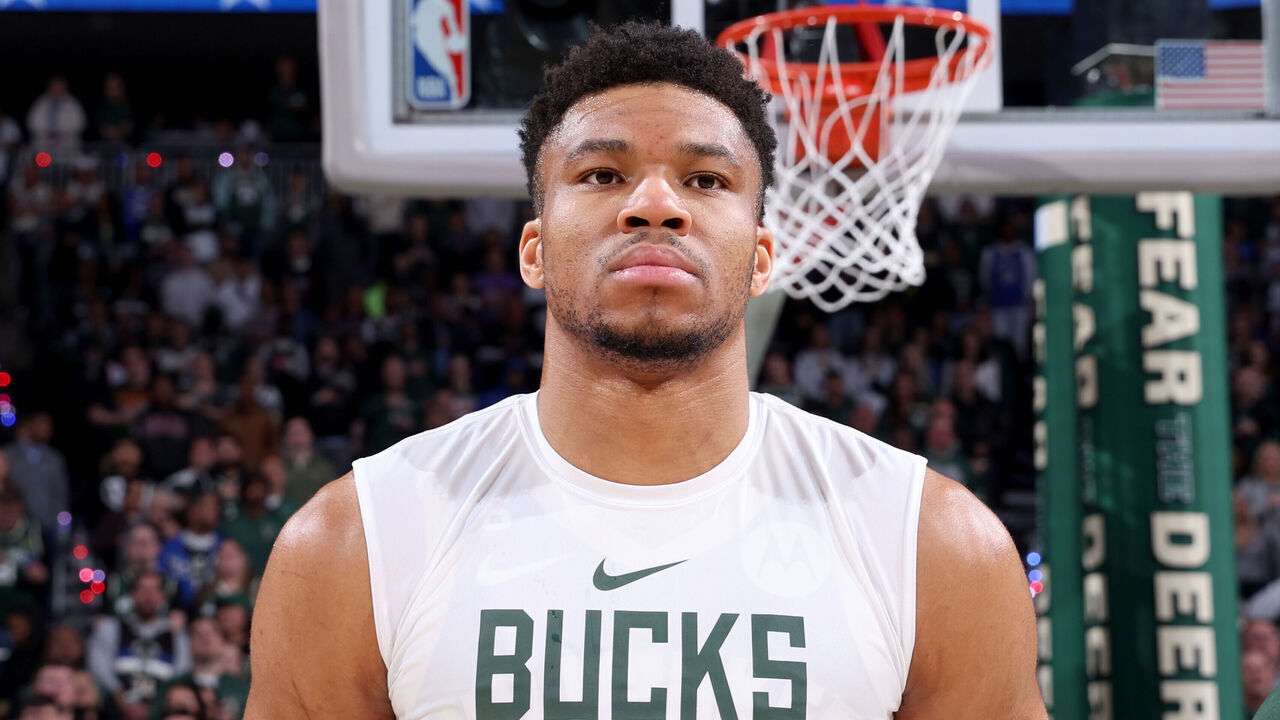 MILWAUKEE, WI - APRIL 26: Giannis Antetokounmpo #34 of the Milwaukee Bucks stands for the National Anthem before the game against the Miami Heat during Round 1 Game 5 of the 2023 NBA Playoffs on April 26, 2023 at the Fiserv Forum Center in Milwaukee, Wisconsin. Mandatory Copyright Notice: Copyright 2023 NBAE .