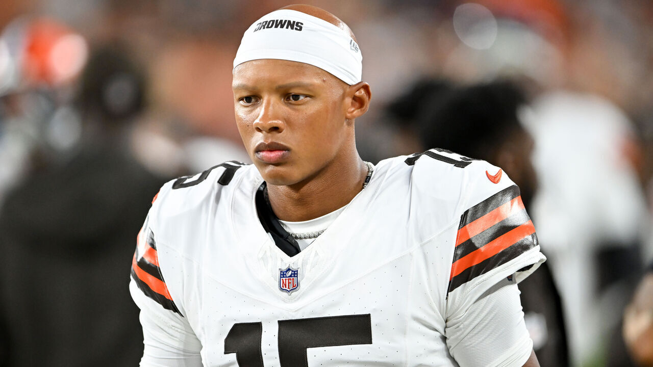 CLEVELAND, OHIO - AUGUST 11: Joshua Dobbs #15 of the Cleveland Browns looks on prior to a preseason game against the Washington Commanders at Cleveland Browns Stadium on August 11, 2023 in Cleveland, Ohio.