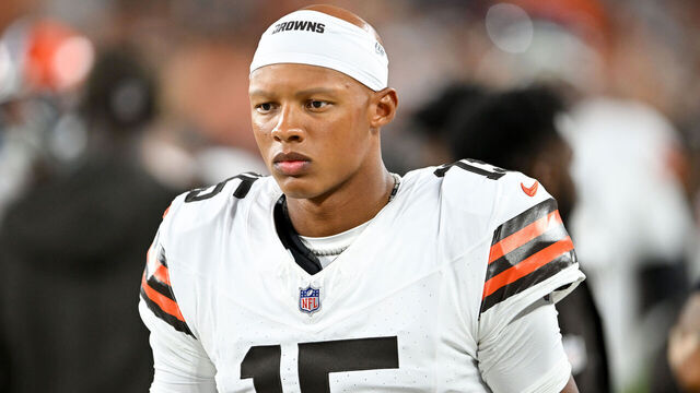 CLEVELAND, OHIO - AUGUST 11: Joshua Dobbs #15 of the Cleveland Browns looks on prior to a preseason game against the Washington Commanders at Cleveland Browns Stadium on August 11, 2023 in Cleveland, Ohio.
