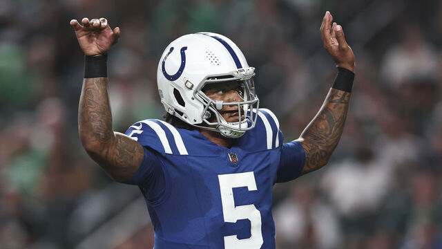 PHILADELPHIA, PENNSYLVANIA - AUGUST 24: Anthony Richardson #5 of the Indianapolis Colts taunts the crowd after passing for a touchdown during to an NFL preseason game at Lincoln Financial Field on August 24, 2023 in Philadelphia, Pennsylvania.