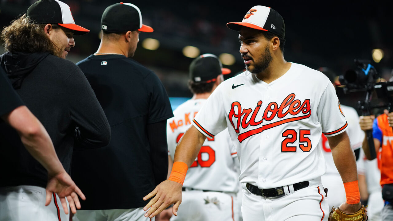 Anthony Santander of the Baltimore Orioles celebrates with Adley News  Photo - Getty Images