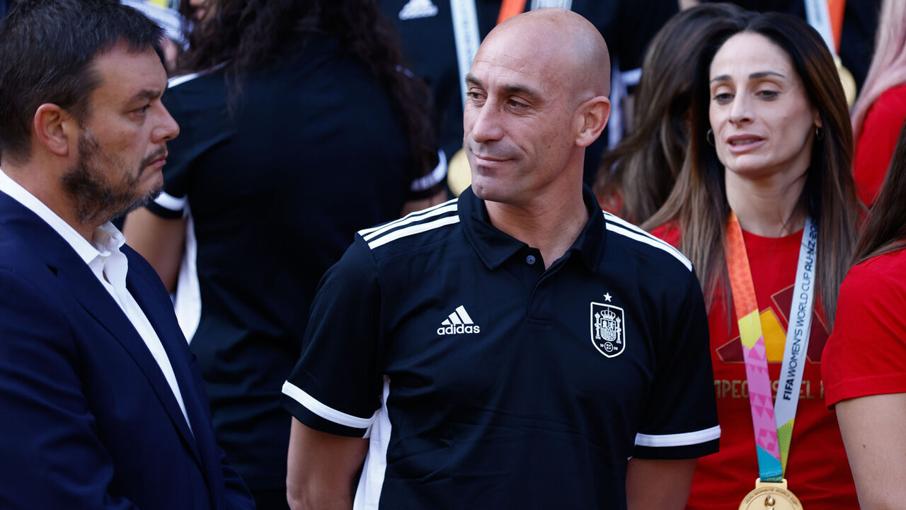 MADRID, SPAIN - AUGUST 22: Victor Francos and Luis Rubiales attend a reception with Pedro Sanchez, First Minister of Spain (not pictured), for the players and staff of the Spain women's national football team after they won the FIFA Women's World Cup Australia & New Zealand 2023 at Palacio de la Moncloa on August 22, 2023, in Madrid, Spain.