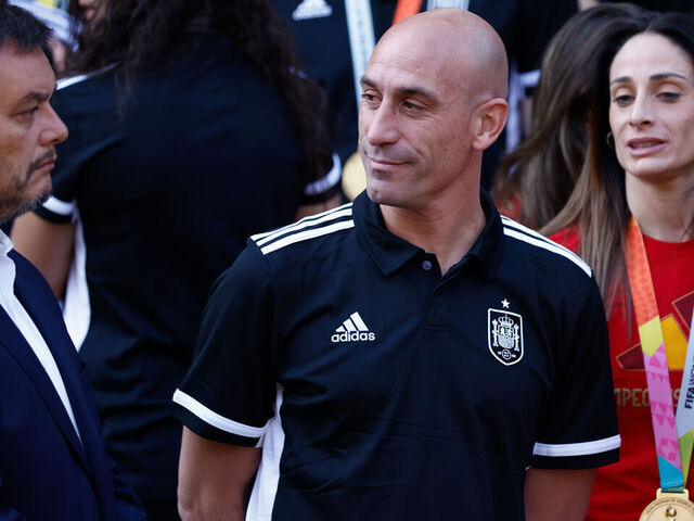 MADRID, SPAIN - AUGUST 22: Victor Francos and Luis Rubiales attend a reception with Pedro Sanchez, First Minister of Spain (not pictured), for the players and staff of the Spain women's national football team after they won the FIFA Women's World Cup Australia & New Zealand 2023 at Palacio de la Moncloa on August 22, 2023, in Madrid, Spain.