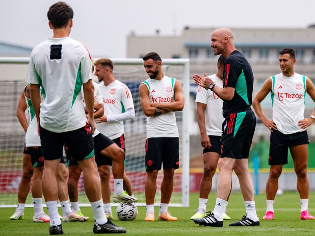 SAN DIEGO, CALIFORNIA - JULY 25: Erik ten Hag, Manager of Manchester United reacts during a training session at Qualcomm Stadium on July 25, 2023 in San Diego, California.