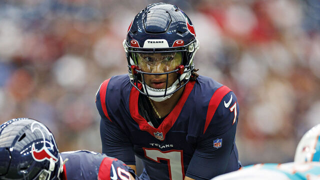 HOUSTON, TEXAS - AUGUST 19: C.J. Stroud #7 of the Houston Texans looks over the offense during the preseason game against the Miami Dolphins at NRG Stadium on August 19, 2023 in Houston, Texas. The Dolphins defeated the Texans 28-3.