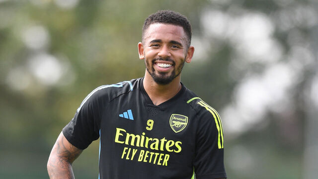 ST ALBANS, ENGLAND - AUGUST 24: Gabriel Jesus of Arsenal during a training session at London Colney on August 24, 2023 in St Albans, England.